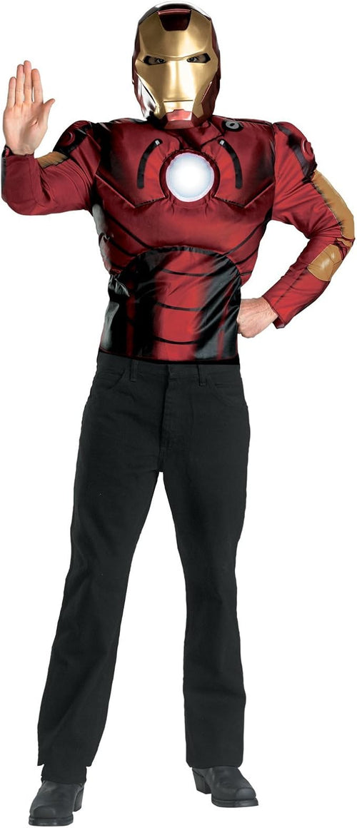 Adult muscle costume with gold half-mask, red molded chest, black pants