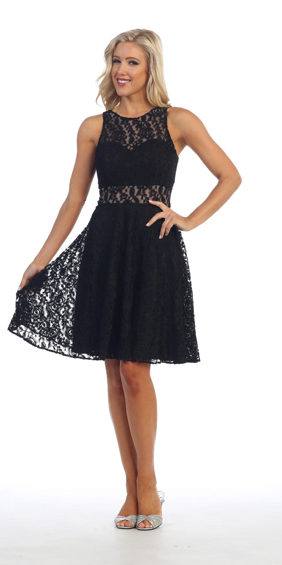 Black sleeveless lace dress, knee length fit-and-flare with high lace yoke