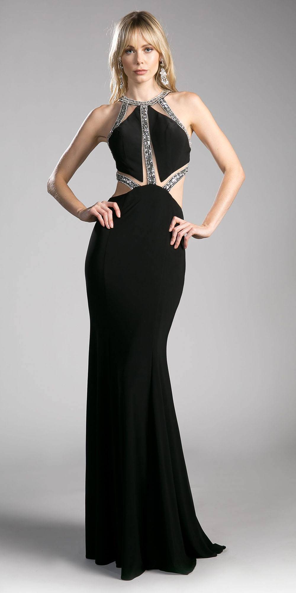 Cinderella Divine beaded cut-out floor-length dress, black with jeweled halter bodice