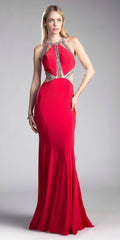Cinderella Divine beaded cut-out floor-length dress, red with halter neckline