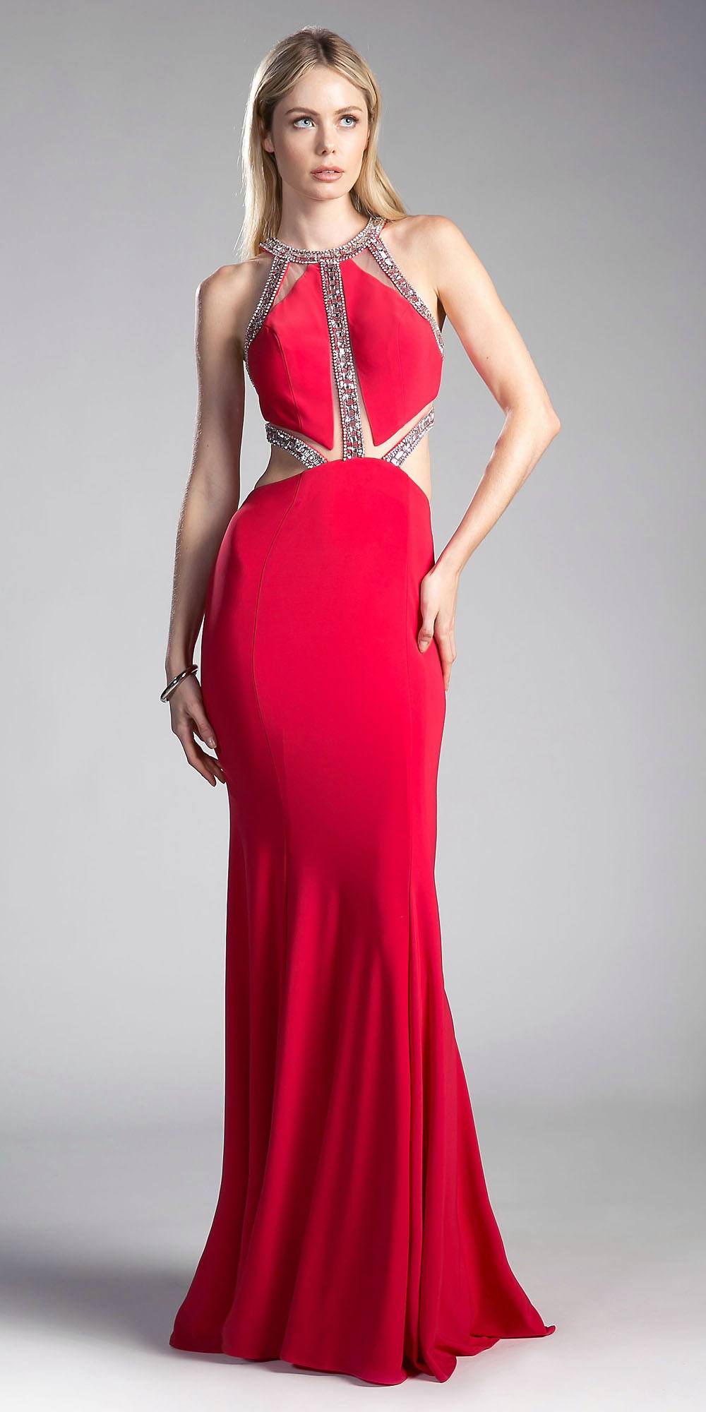 Cinderella Divine beaded cut-out floor-length dress, red with halter neckline