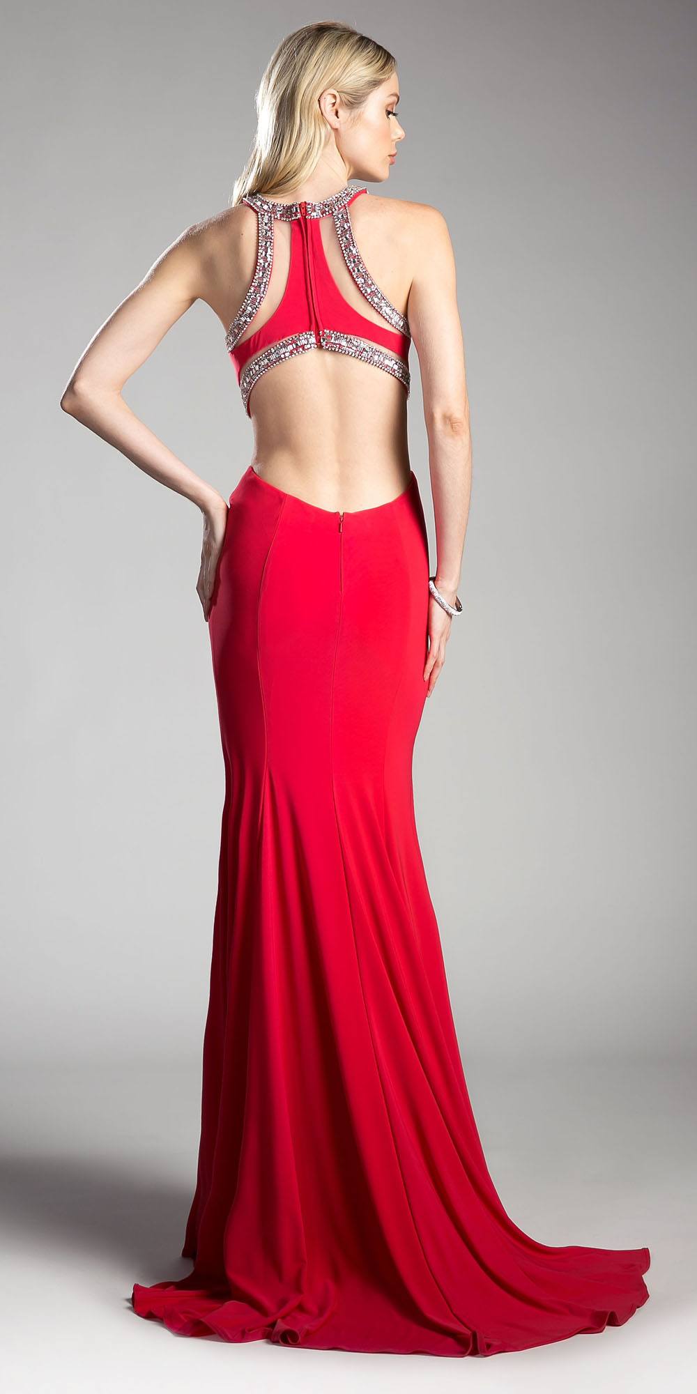 Cinderella Divine beaded cut-out floor-length dress, red with backless halter bodice