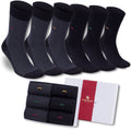 6-pack bamboo dress socks in dark navy/charcoal, with small multicolor logo accents