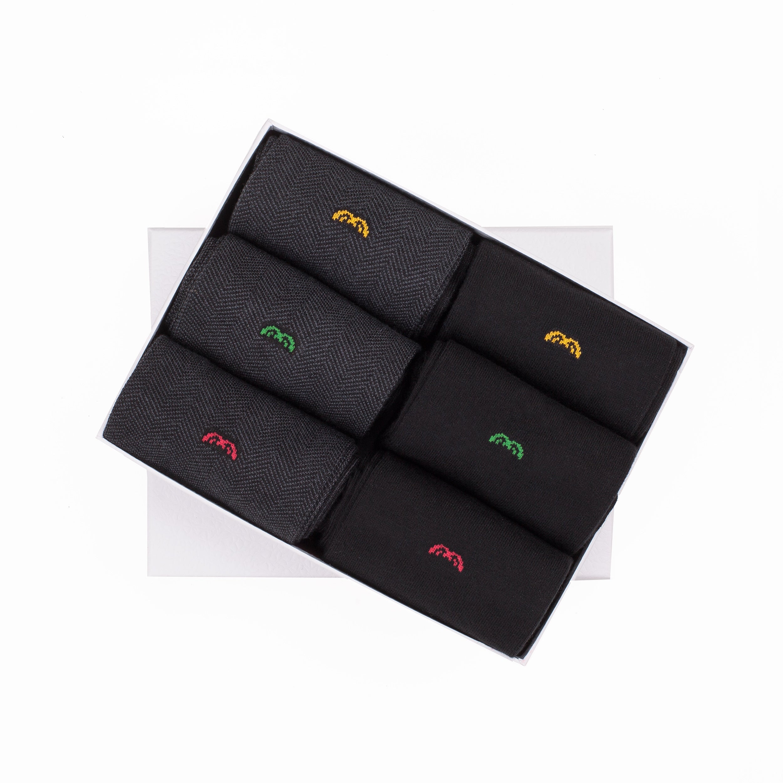 Bamboo dress socks set in dark tones, folded in a box with small multicolor logos