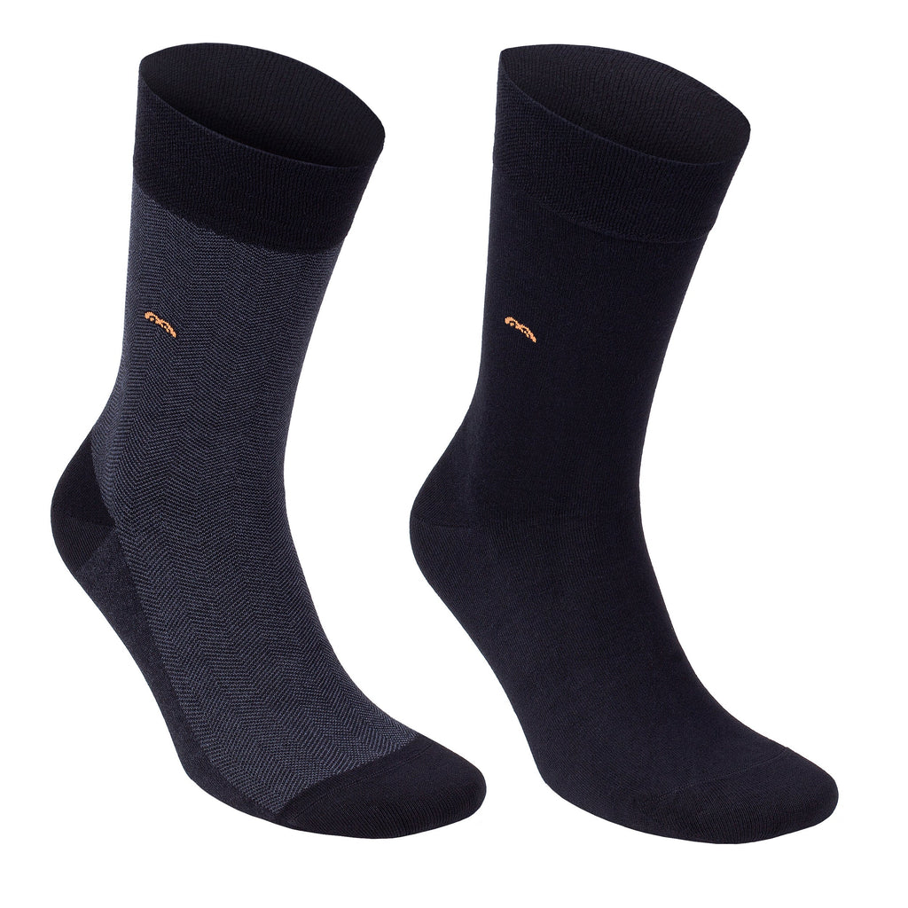 Pair of bamboo dress socks, dark navy and charcoal with small multicolor logo stitching