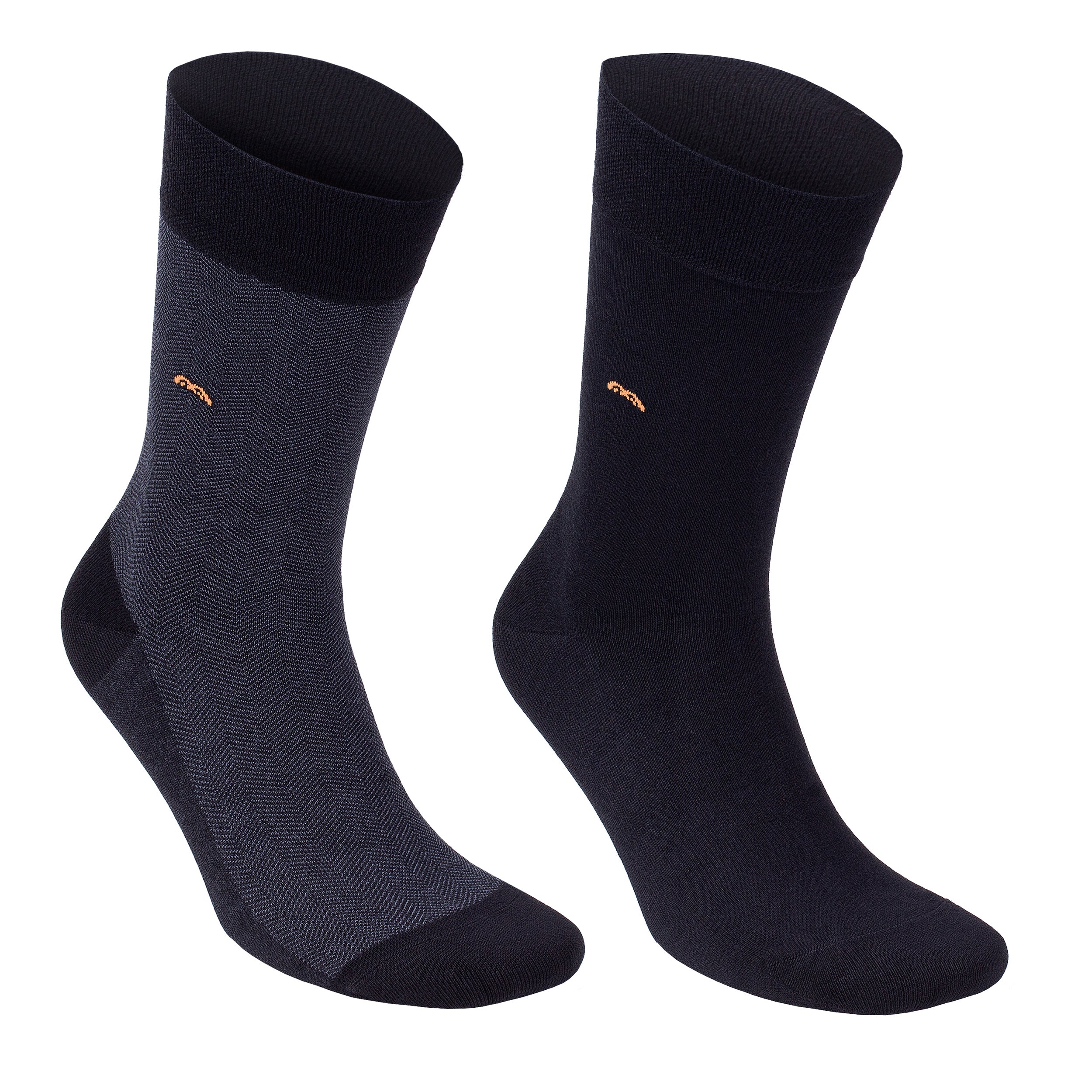 Pair of bamboo dress socks, dark navy and charcoal with small multicolor logo stitching