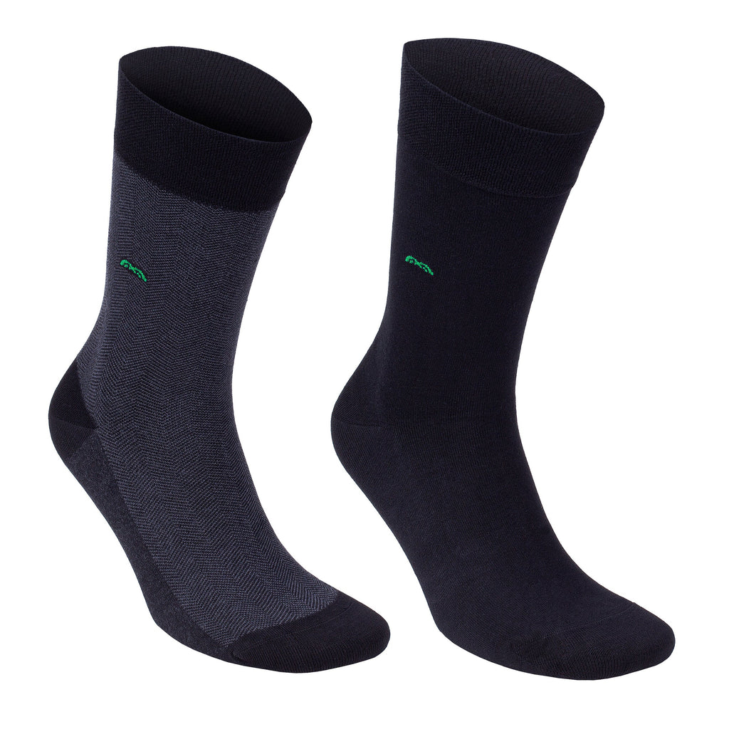 Pair of bamboo dress socks, dark navy and charcoal with green logo accents