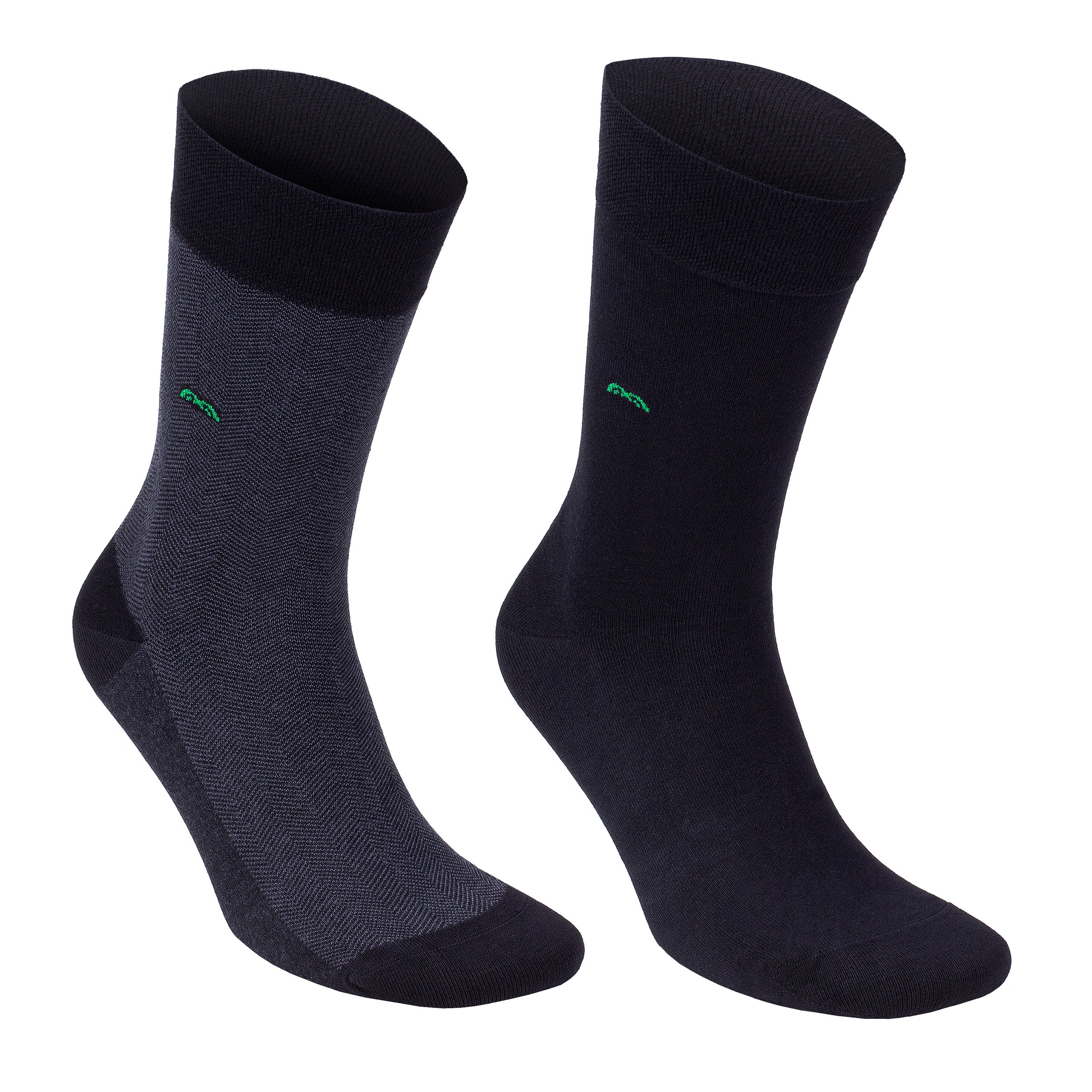 Pair of bamboo dress socks, dark navy and charcoal with green logo accents
