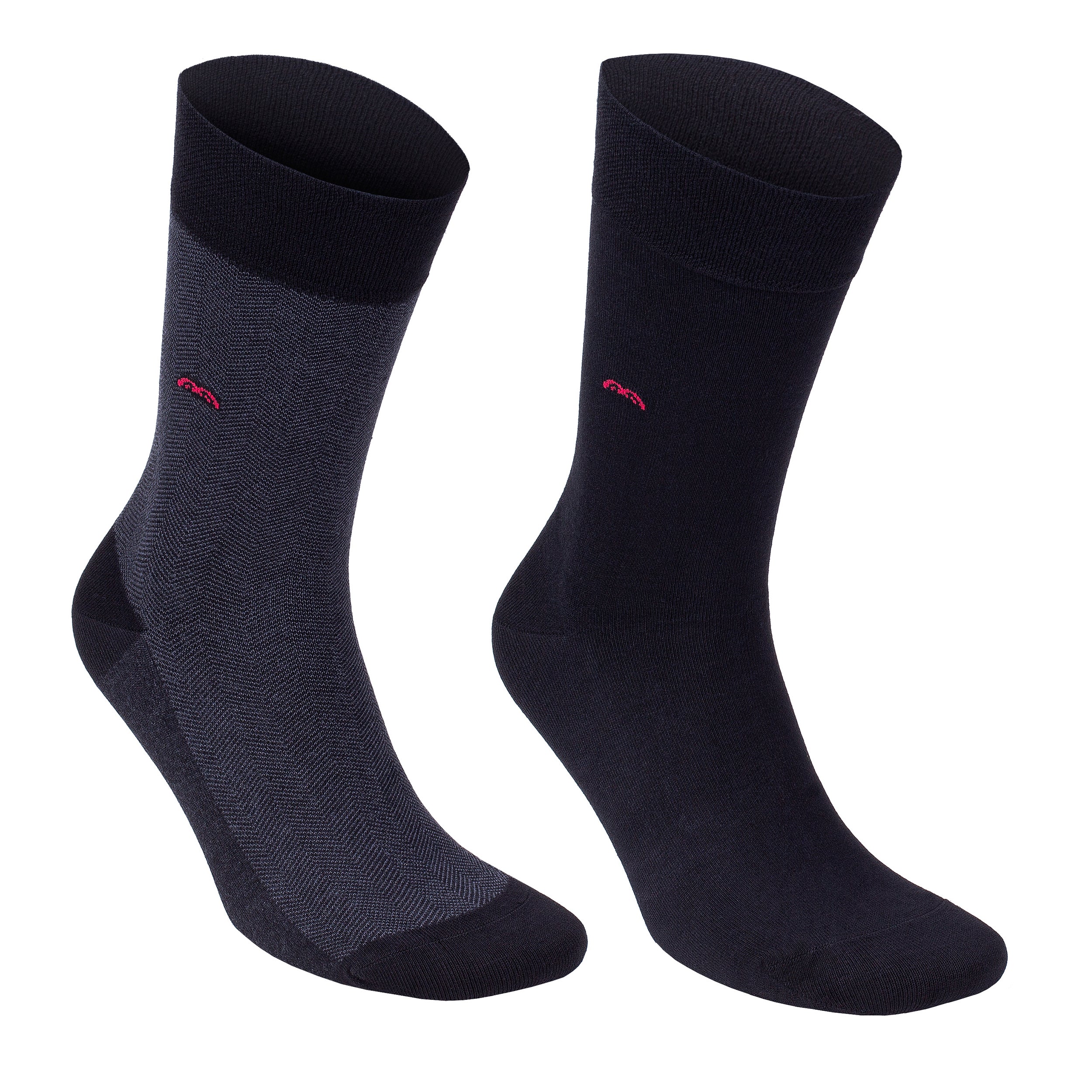 Pair of bamboo dress socks, dark navy and charcoal with red logo accents