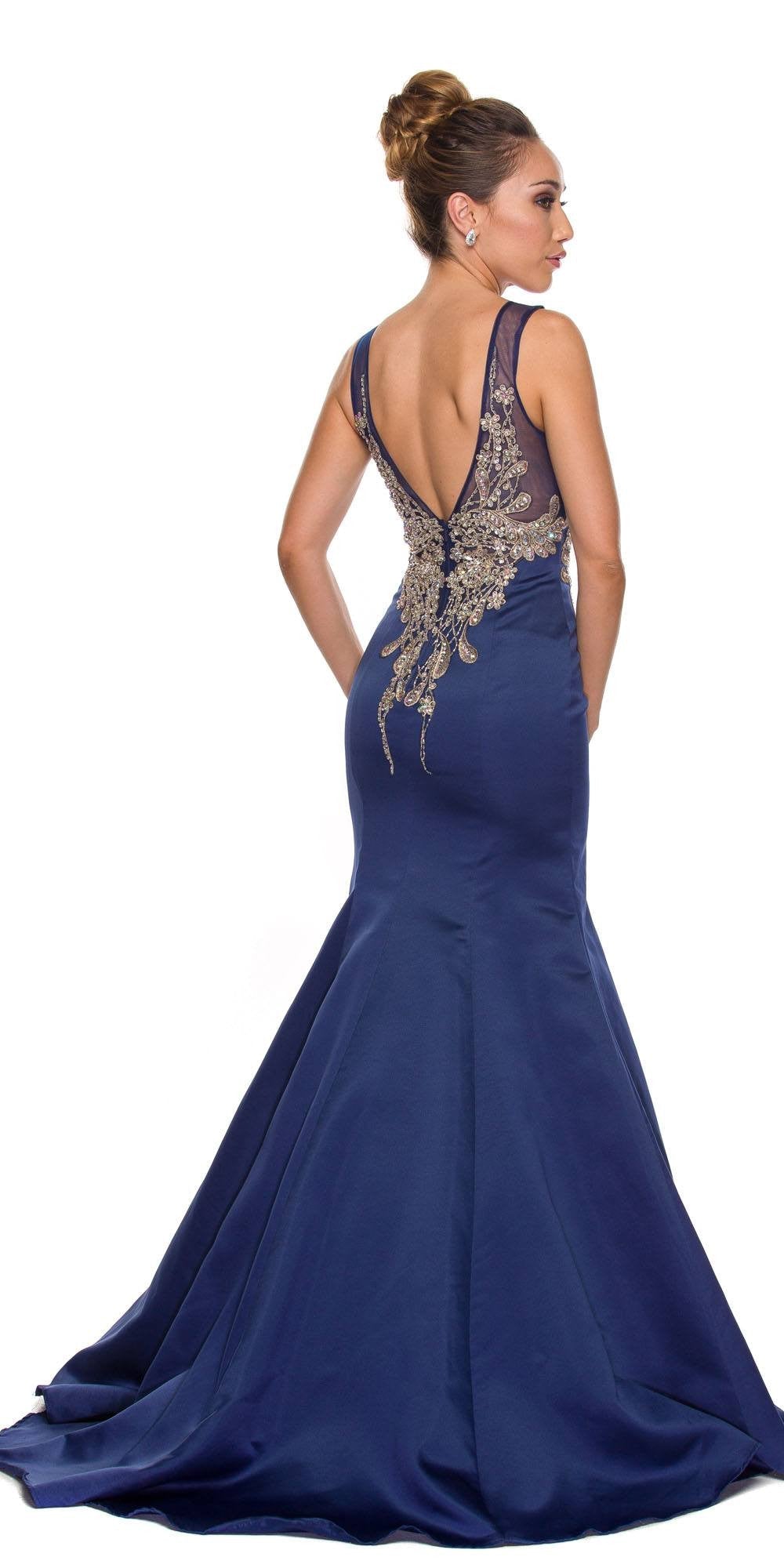 Midnight blue trumpet gown with open back and silver beaded applique down spine