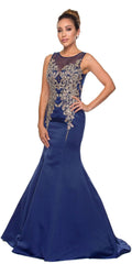 Midnight blue trumpet gown with sleeveless beaded applique and flared mermaid hem