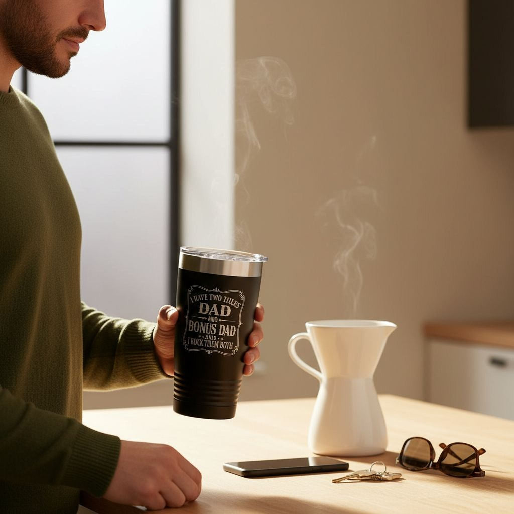 Black insulated travel mug with 'Dad and Bonus Dad' quote, held on kitchen counter