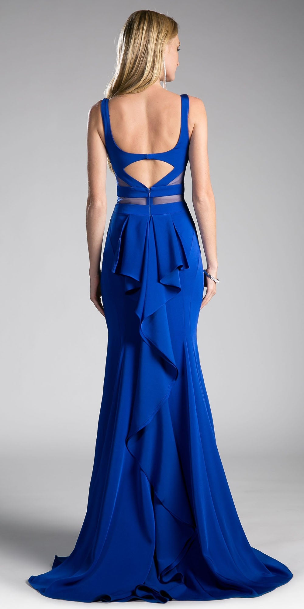 Fitted jersey dress with crisscross open back, ruffled straps, dark blue