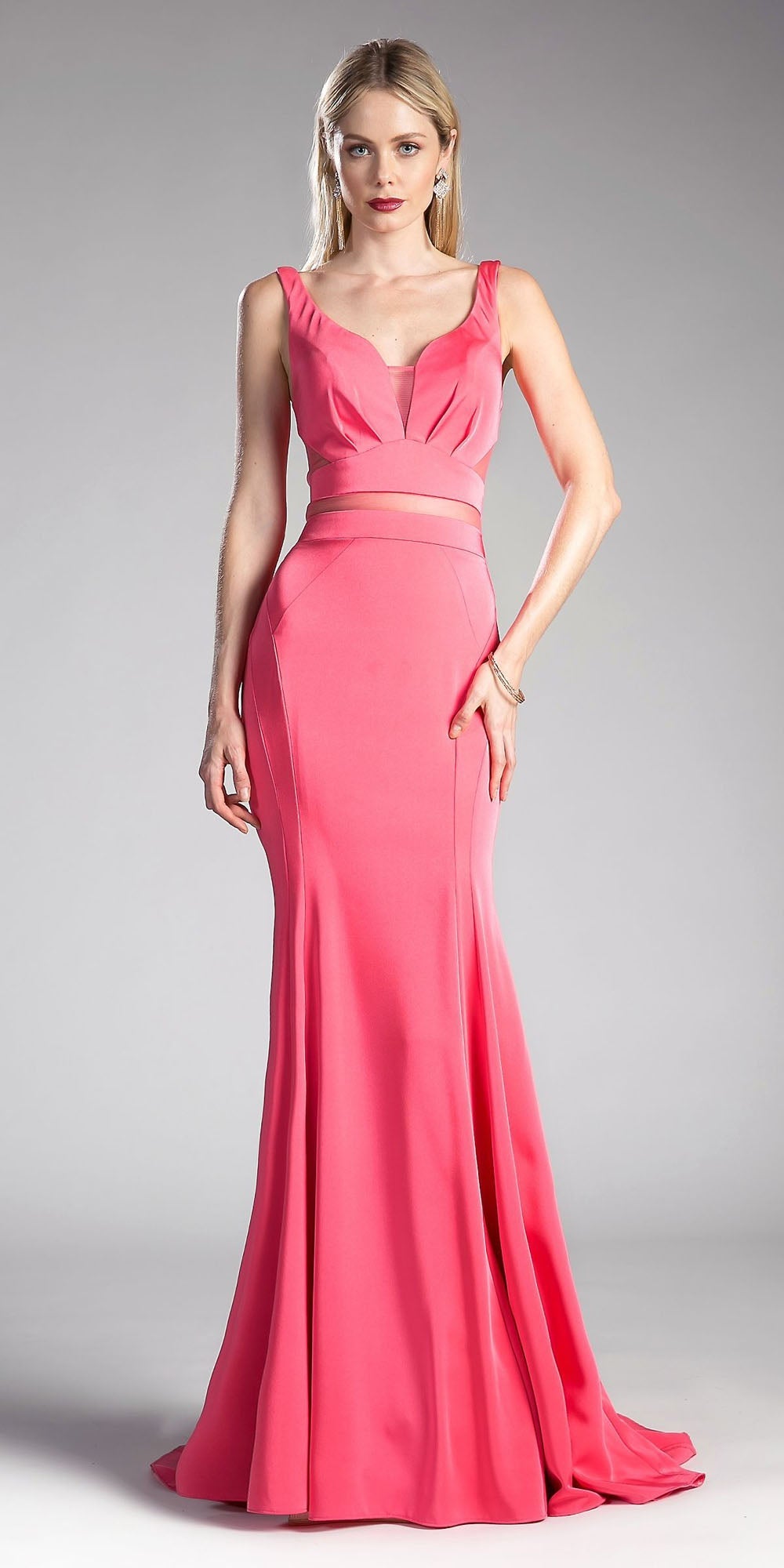 Cinderella Divine fitted jersey dress with ruffled neckline, deep coral, cutout back