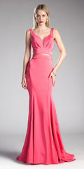 Cinderella Divine fitted jersey dress with ruffled neckline, deep coral, cutout back
