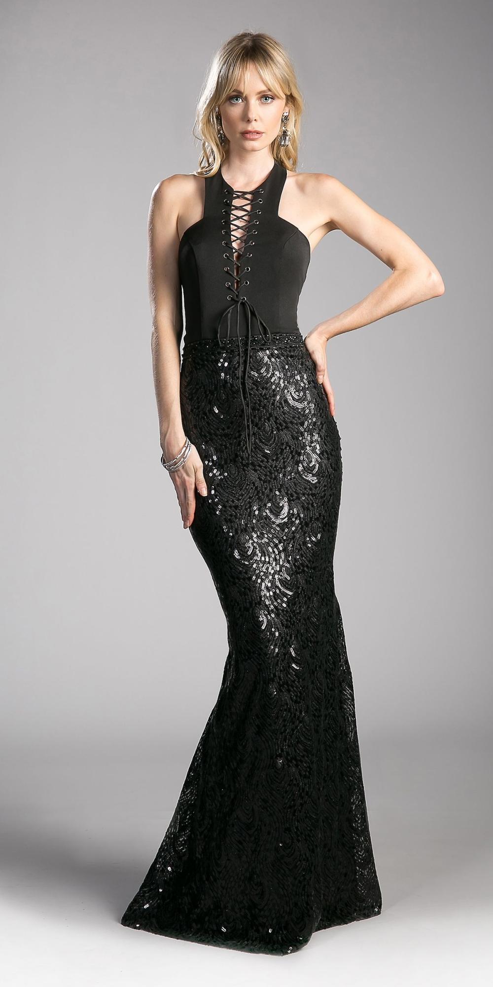 Black sequin halter gown with lace-up bodice and fitted mermaid silhouette