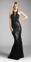 Black sequin halter gown with lace-up bodice and fitted mermaid silhouette