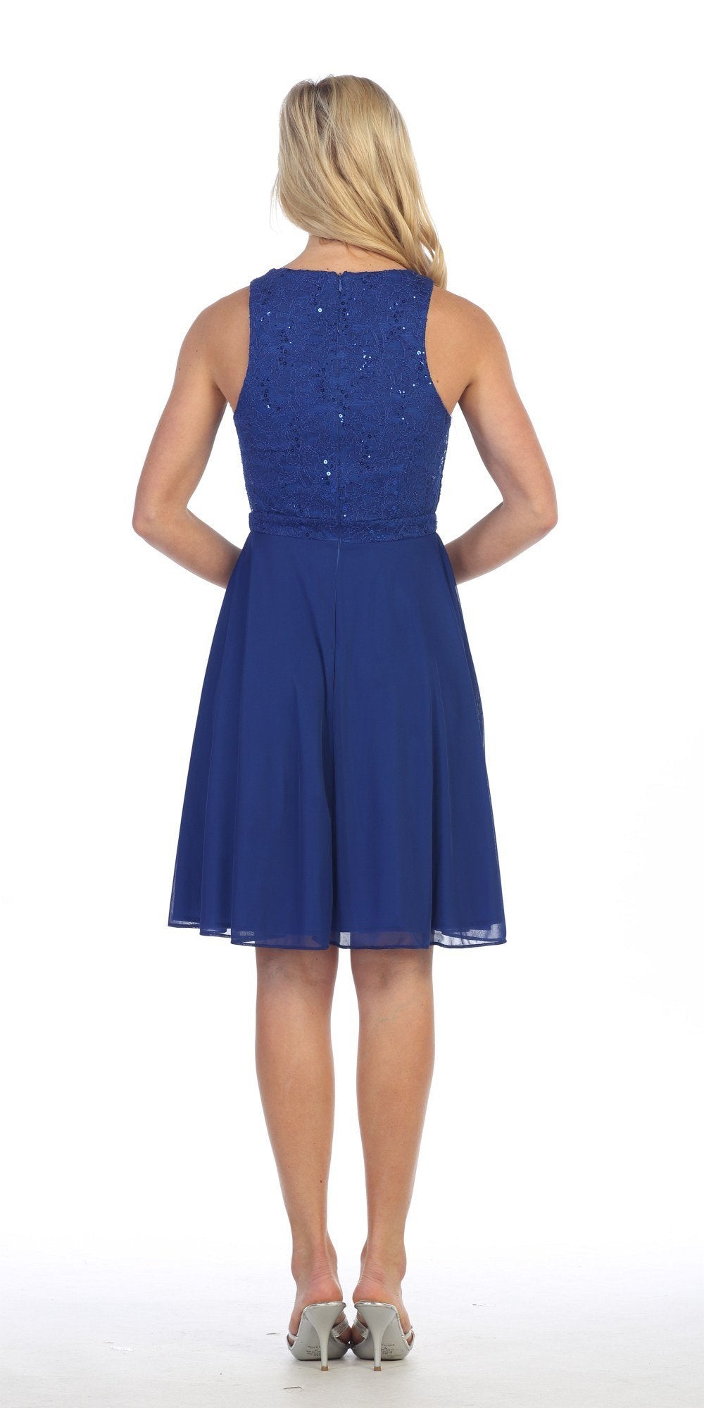 Royal blue scoop neck lace top cocktail dress, lace back and flared skirt