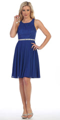 Royal blue scoop neck lace top cocktail dress, sleeveless fit-and-flare skirt