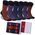 Men's bamboo dress and trouser socks 6-pack, dark cuffs, mixed brown purple blue with black toes