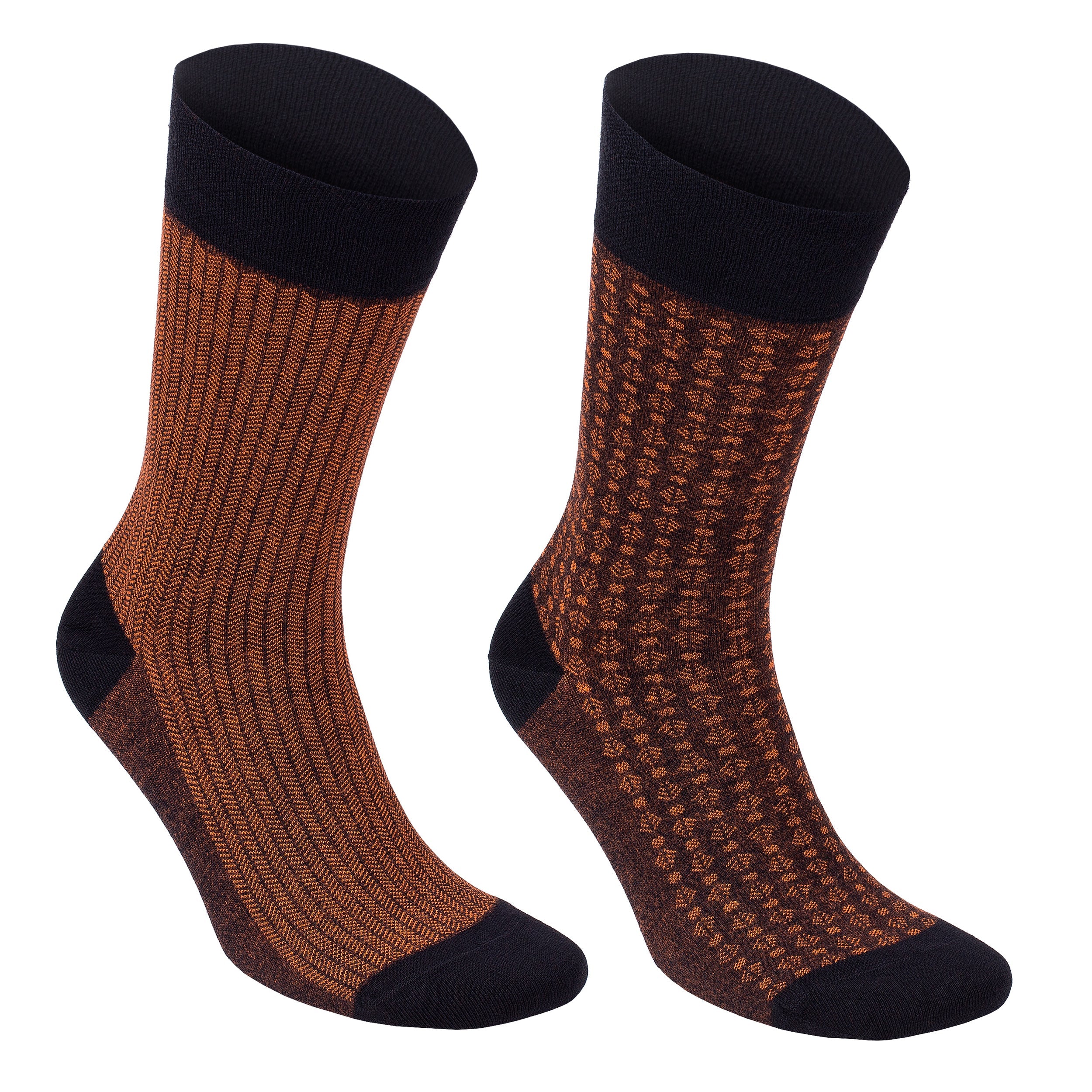 Men's bamboo dress and trouser socks, pair in brown with geometric knit and black toe/heel