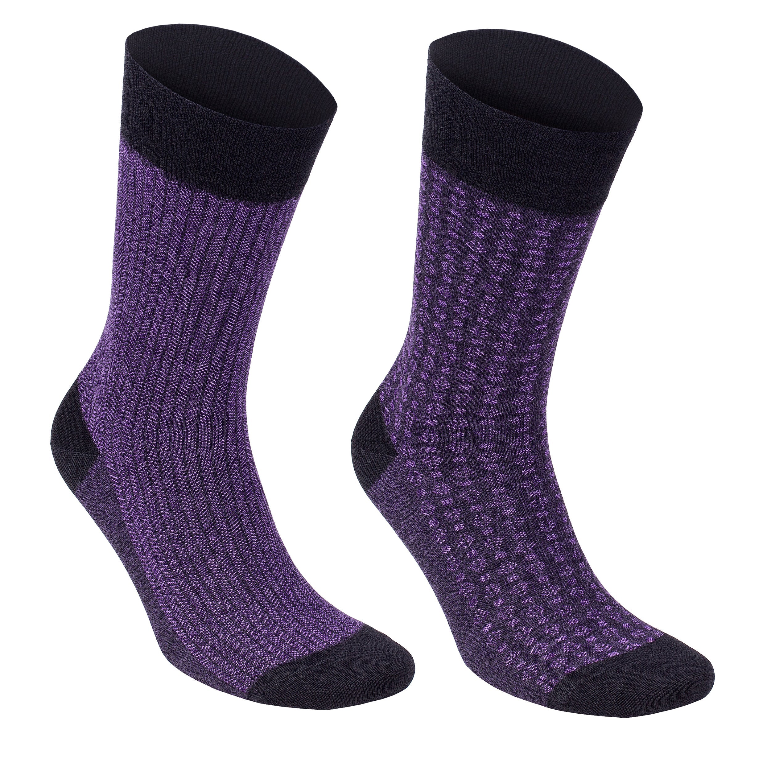 Men's bamboo dress and trouser socks, pair in purple tones with pattern and black toe/heel
