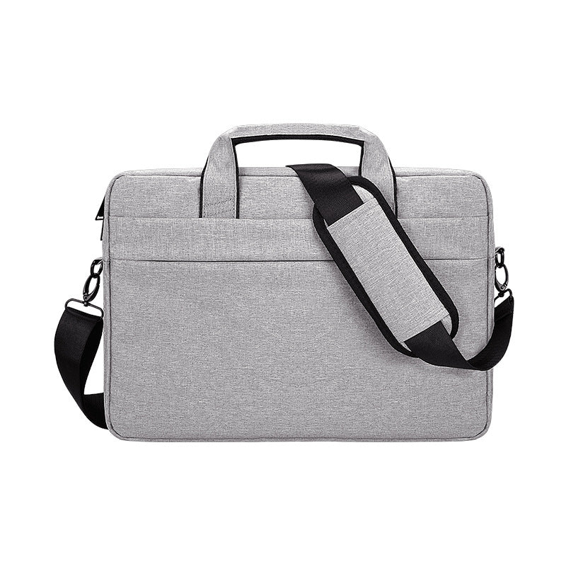 Light grey laptop shoulder bag with top handle, front compartment, and adjustable strap