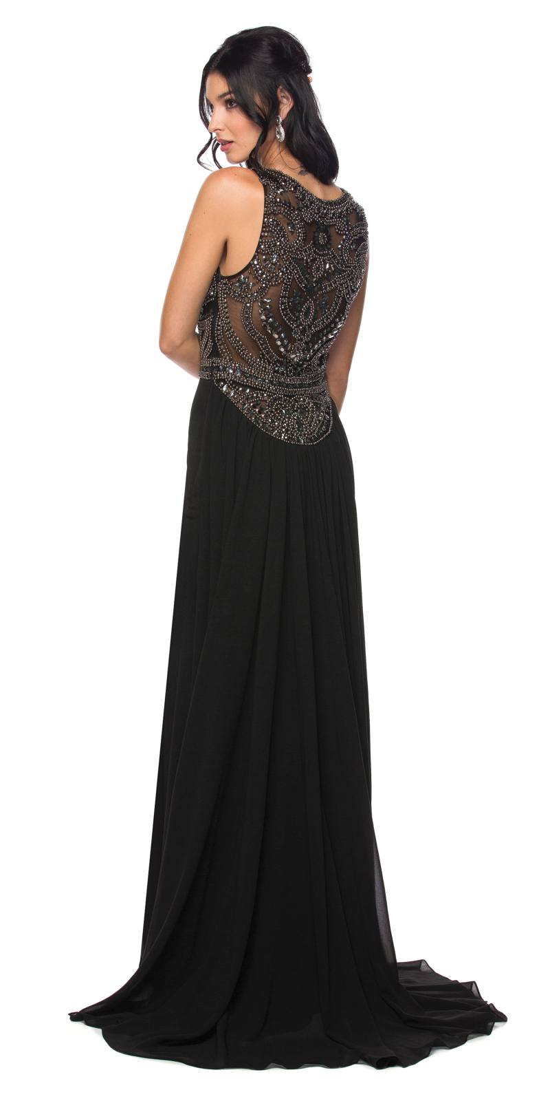 Black embellished bodice prom gown with long train, sleeveless back view