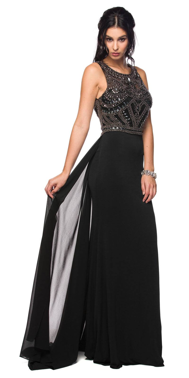 Black embellished bodice fit-and-flare prom gown with long train and sheer overlay