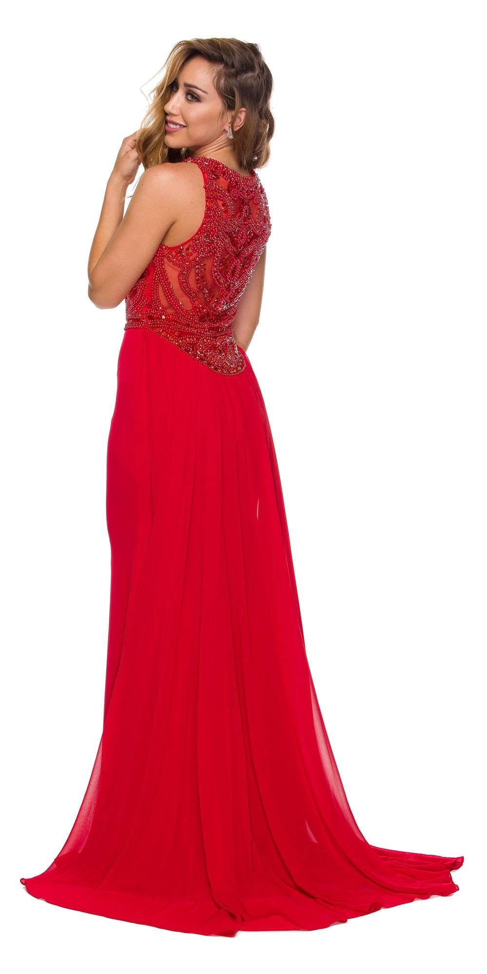 Red embellished bodice fit-and-flare prom gown with long train, side view