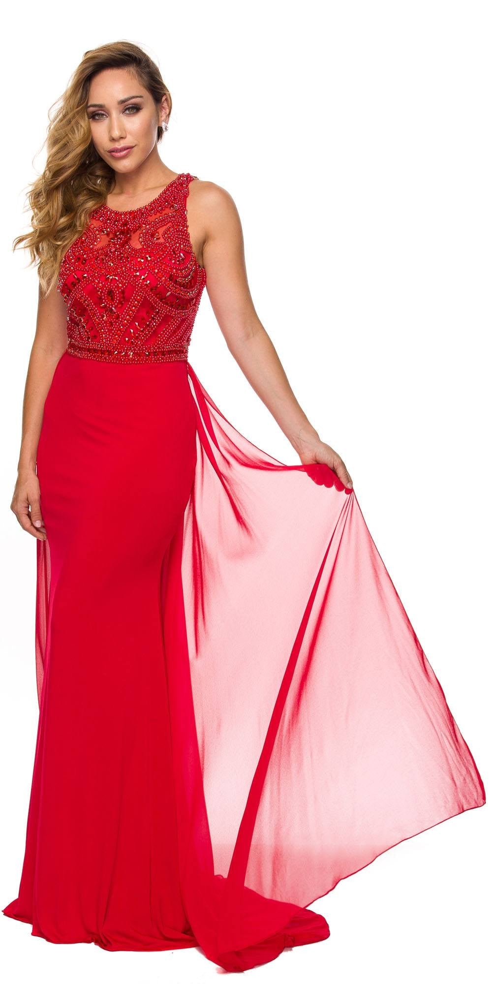 Red prom gown with embellished bodice and flowing pink mesh overlay train