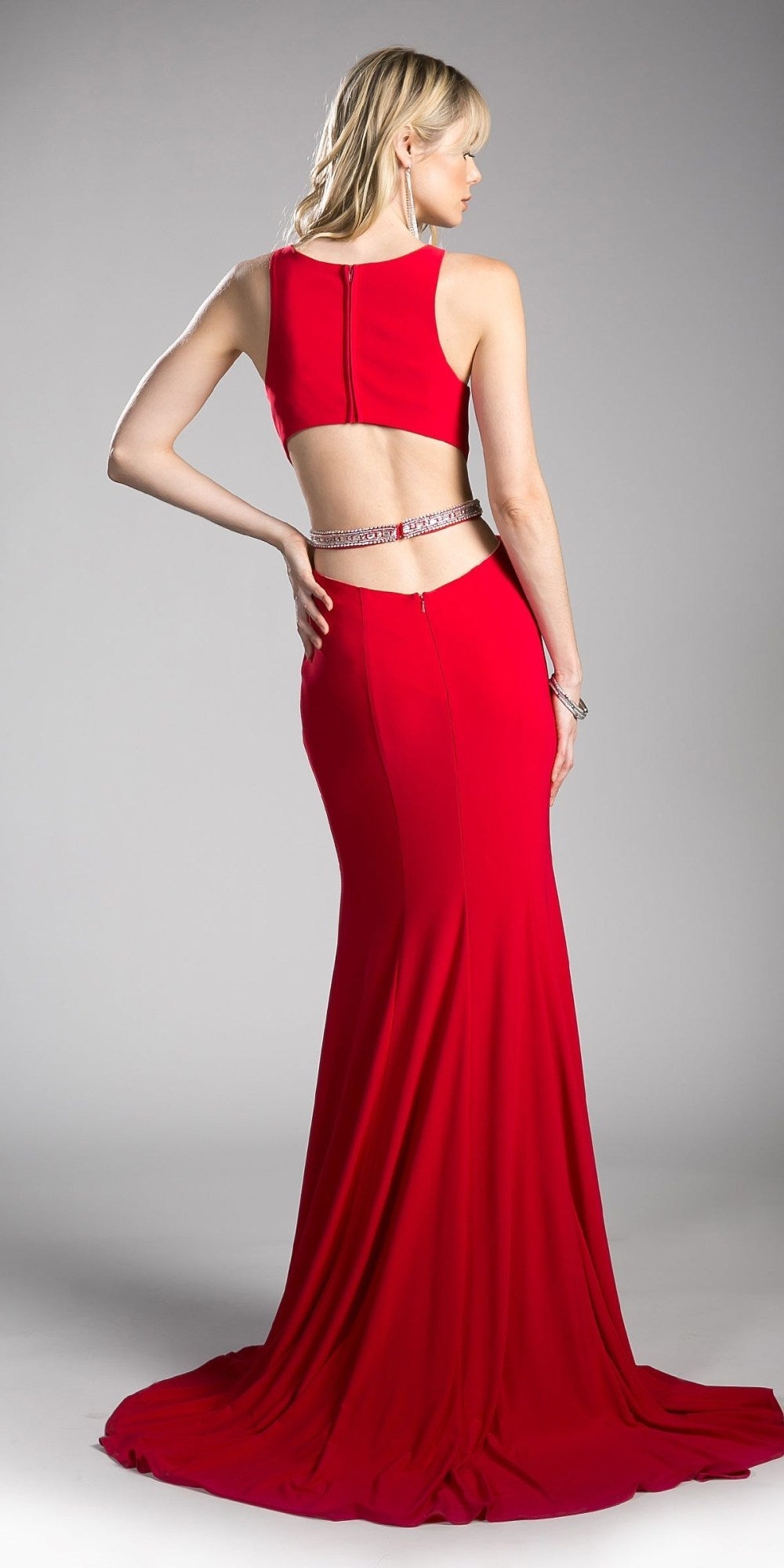 Red long evening dress with open back and beaded waistband