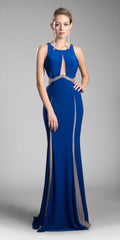 Royal blue long evening dress with beaded waist and high side slit