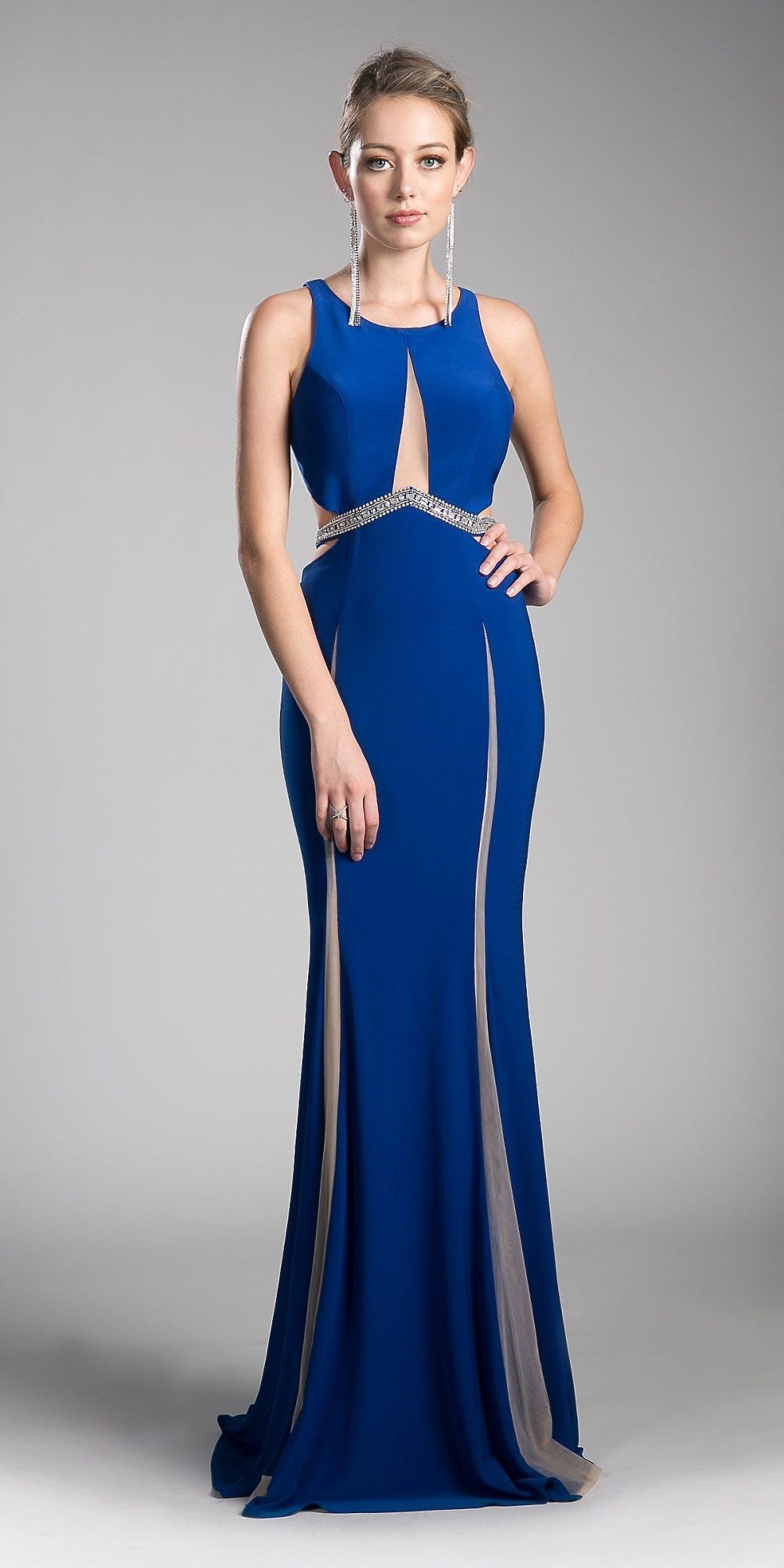 Royal blue long evening dress with beaded waist and high side slit