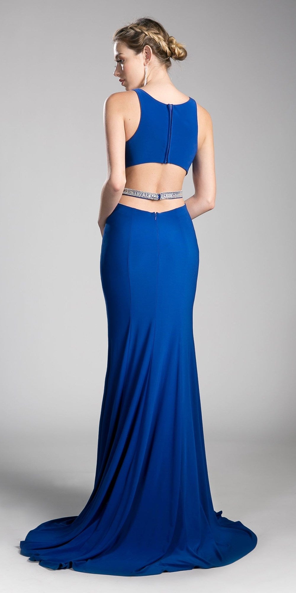 Royal blue long evening dress with open back and beaded waist