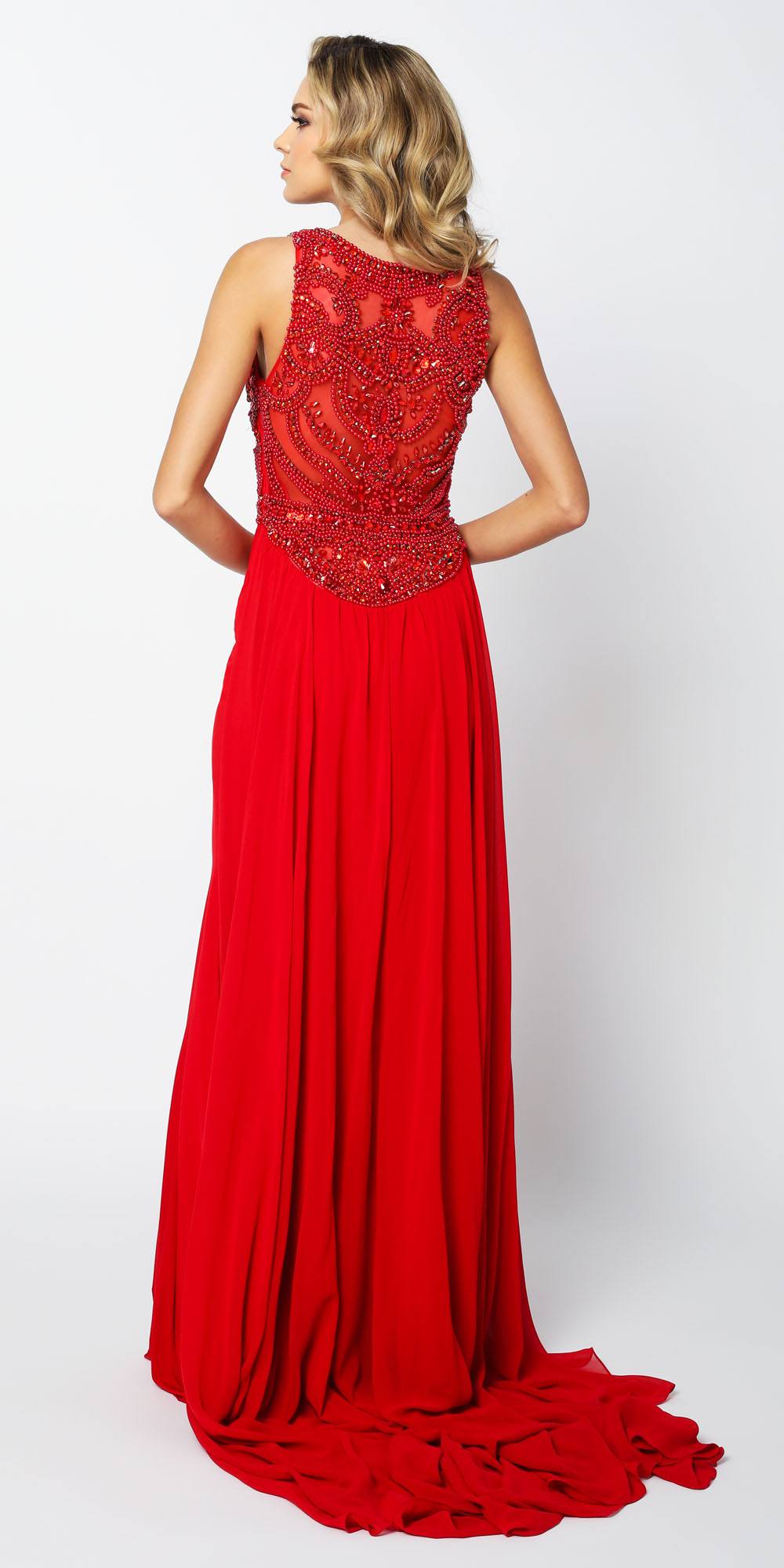 Red embellished bodice fit-and-flare prom gown with back detail and long train