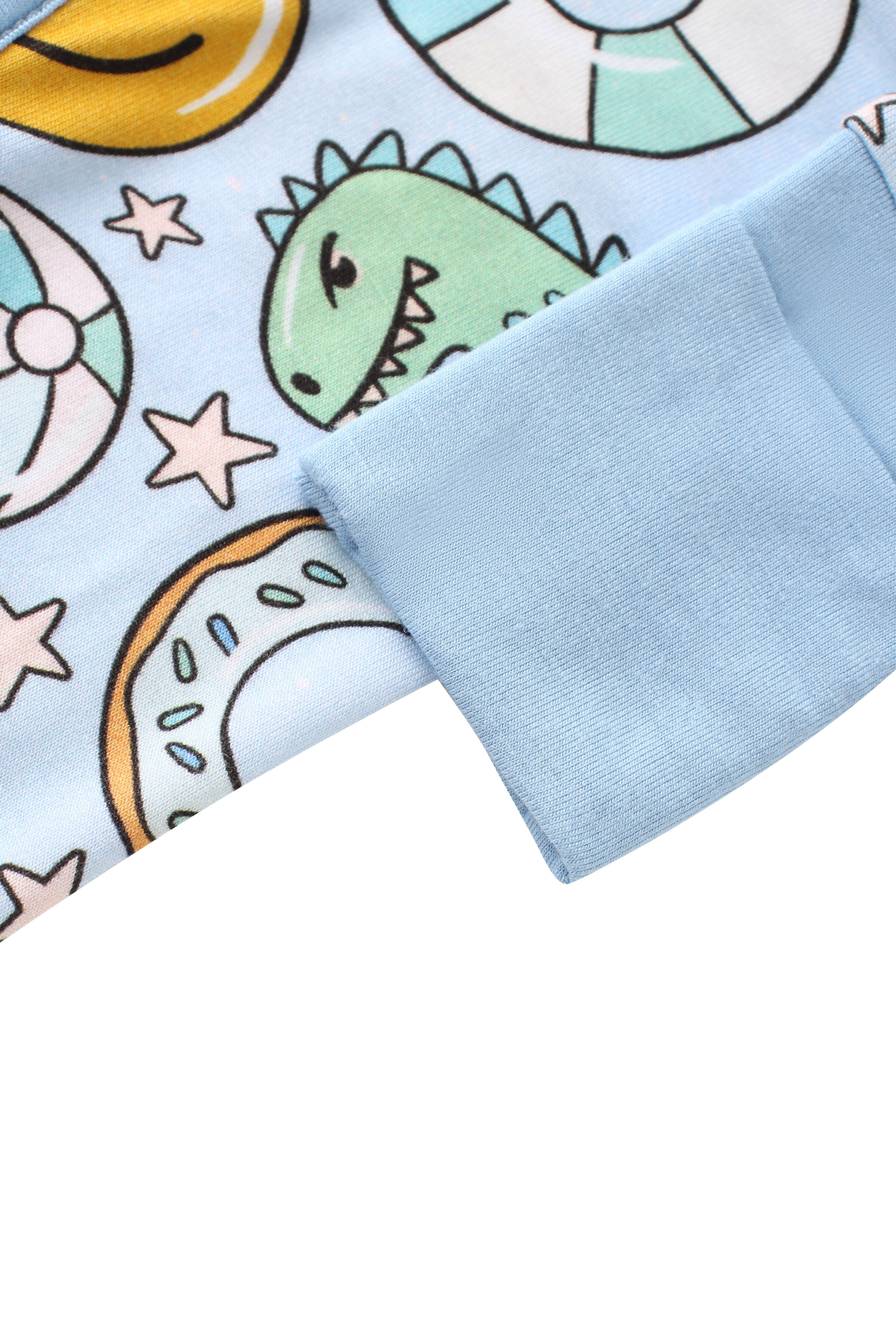 Baby romper sleeve cuff detail in light blue with playful space print