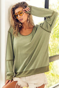Waffle Knit Long Sleeve Tee with Contrast Trim