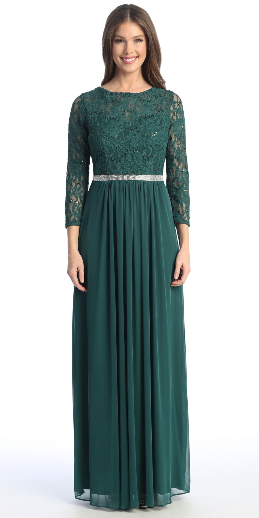 Lace sleeve A-line dress with 3/4 lace sleeves, embroidered bodice, and dark green skirt