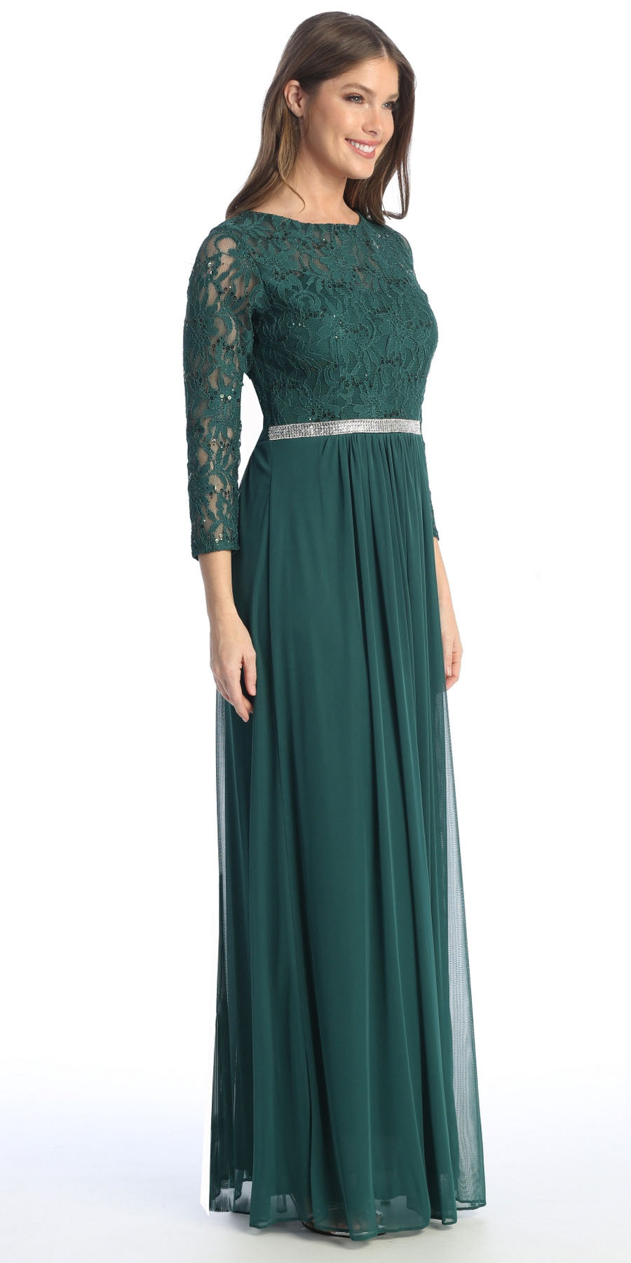 Lace sleeve A-line dress with 3/4 sleeves and embroidered lace bodice, dark green