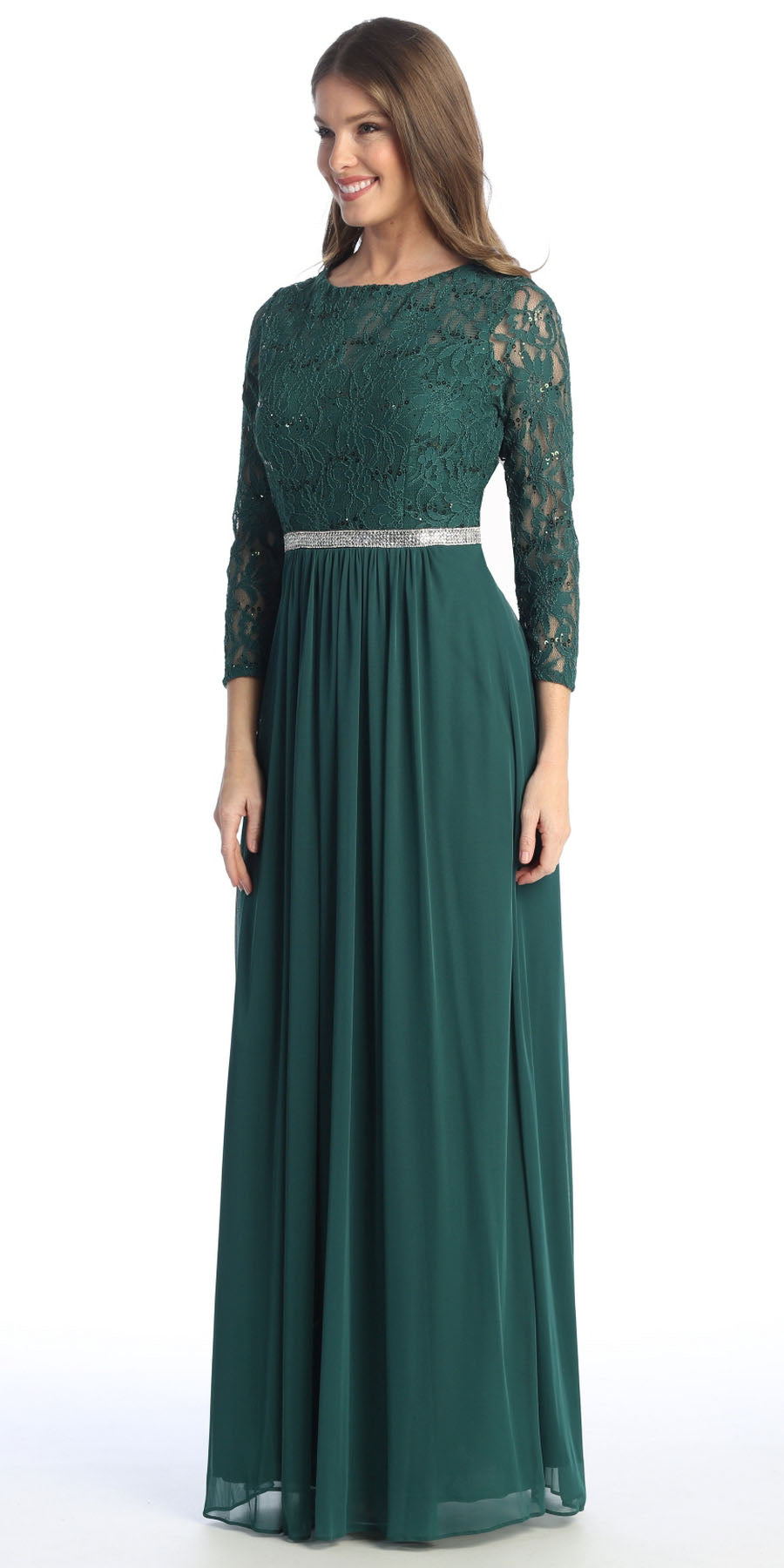 Lace sleeve A-line dress with embroidered lace bodice, 3/4 sleeves, dark green skirt