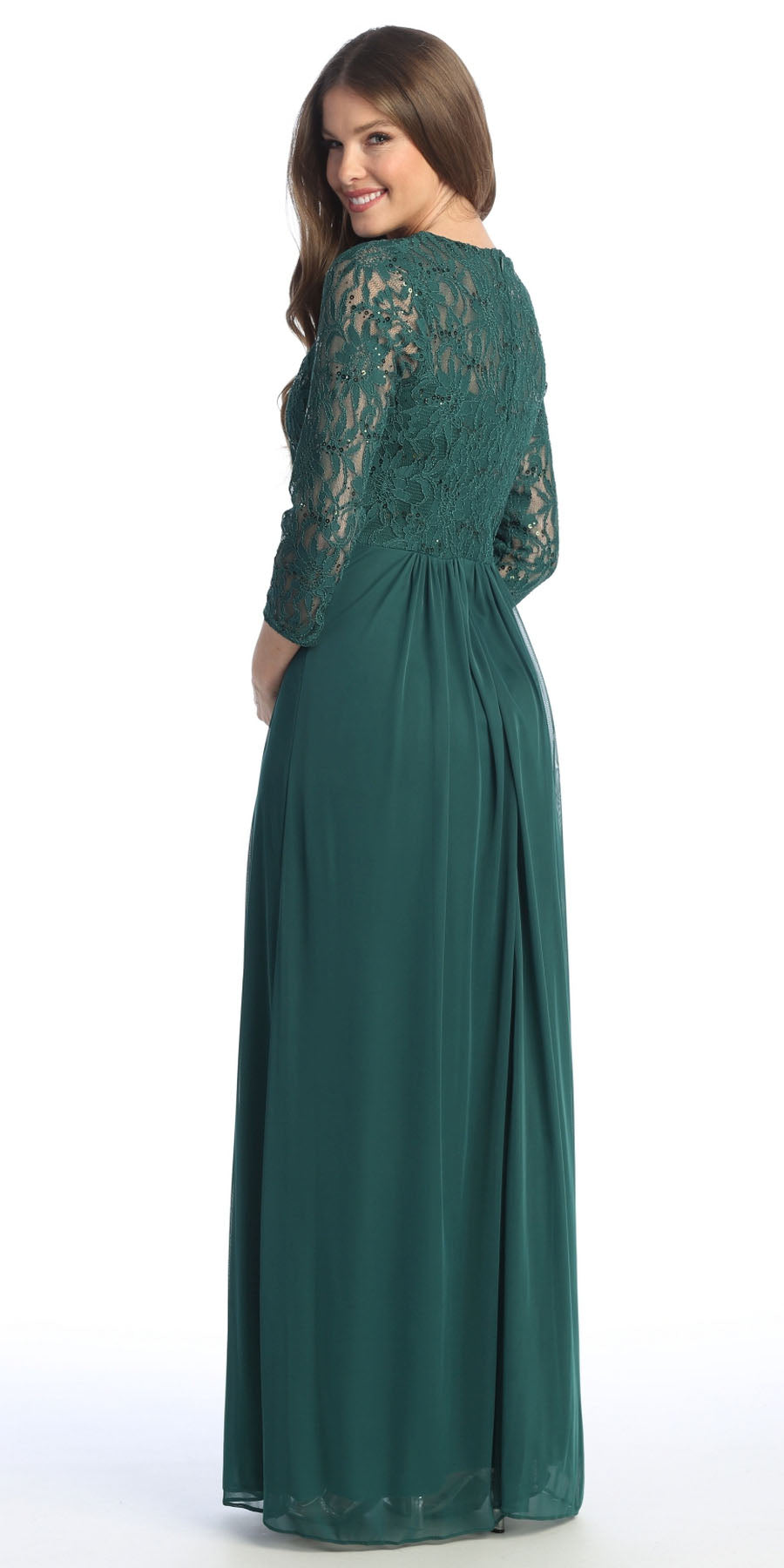 A-line lace dress with 3/4 lace sleeves and embroidered back, dark green with waist band
