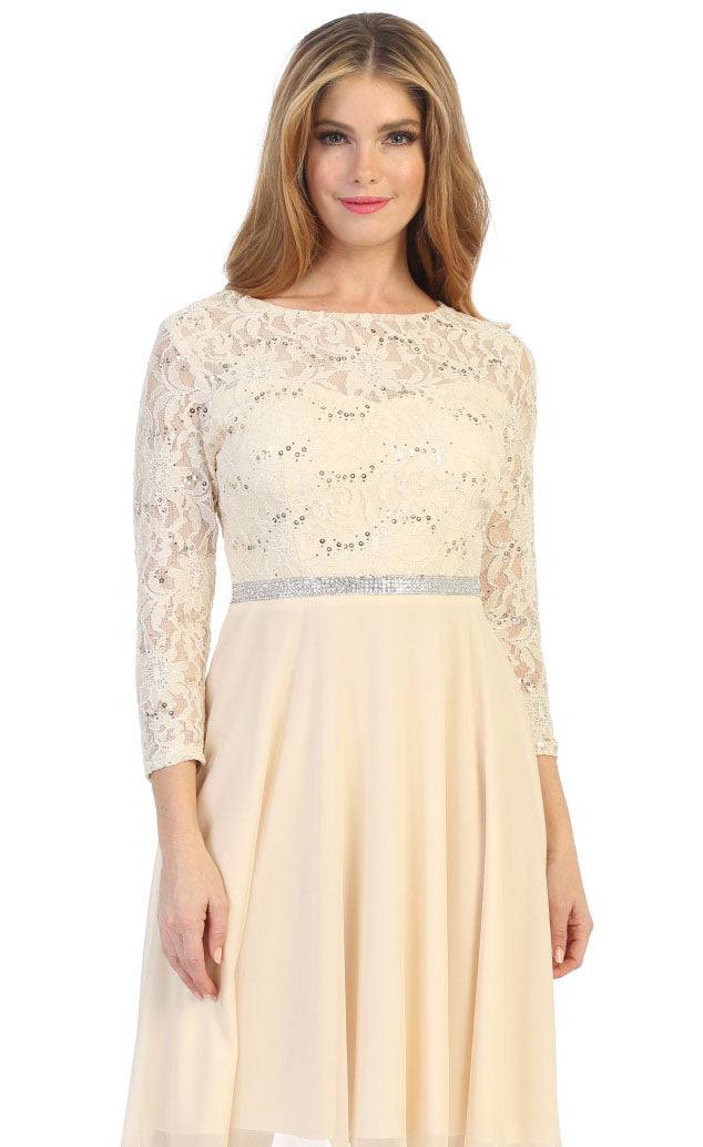 Lace sleeve A-line dress with sequined lace bodice and three-quarter sleeves, champagne