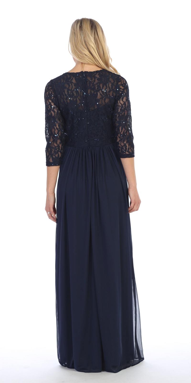 Navy A-line lace back maxi dress with three-quarter lace sleeves