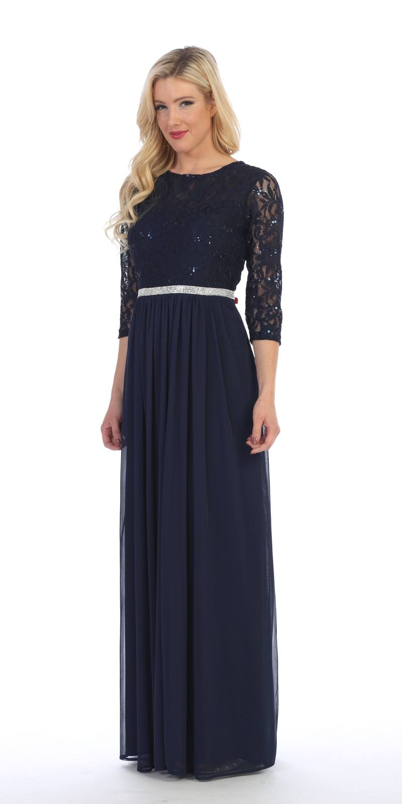 Navy A-line lace sleeve maxi dress with three-quarter lace sleeves