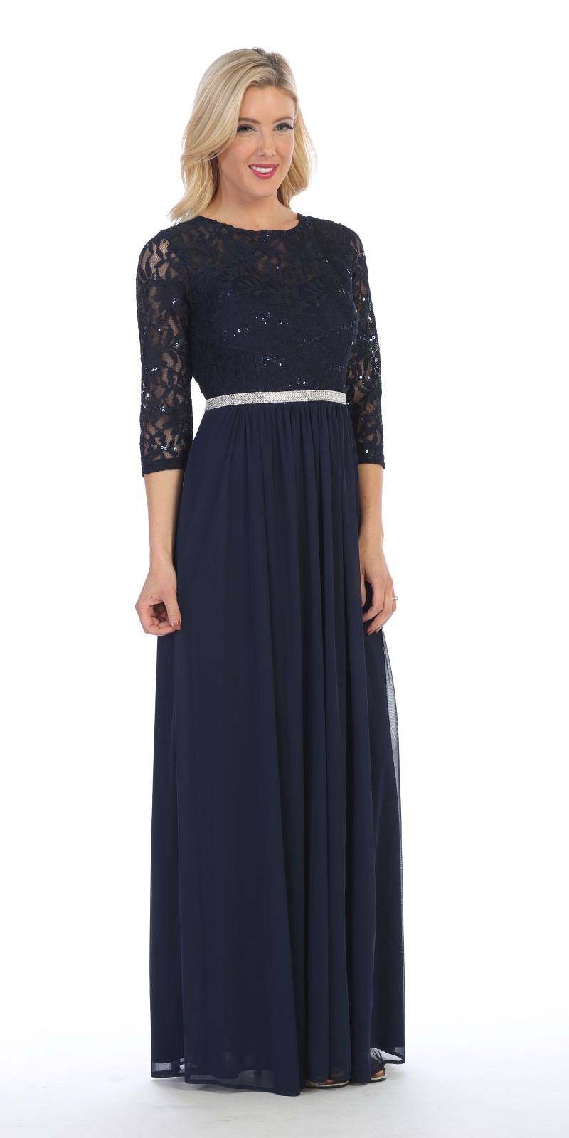 Navy lace A-line dress with three-quarter sleeves and sparkling waist band