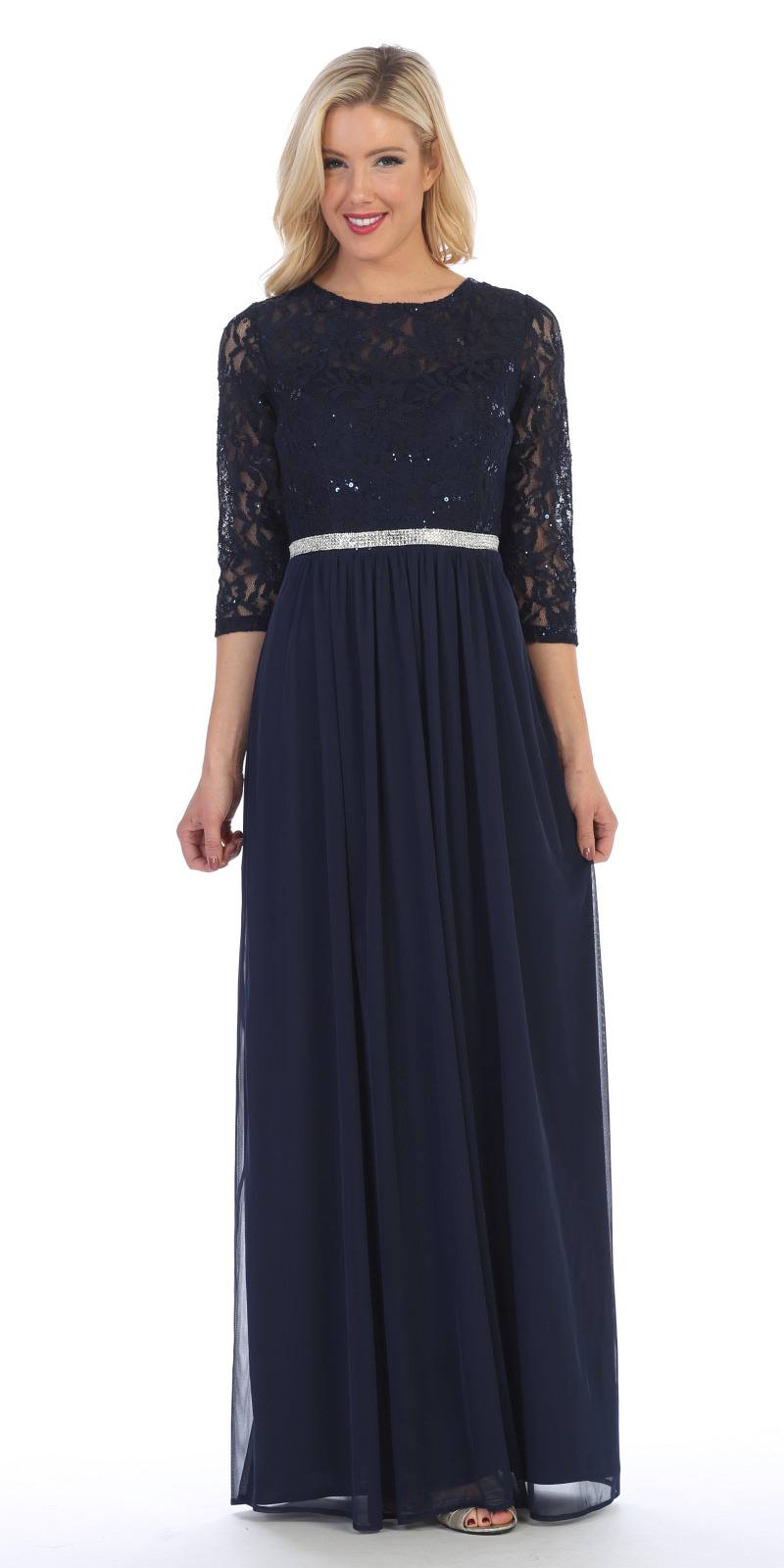 Navy lace A-line dress with three-quarter sleeves and glittery waist band