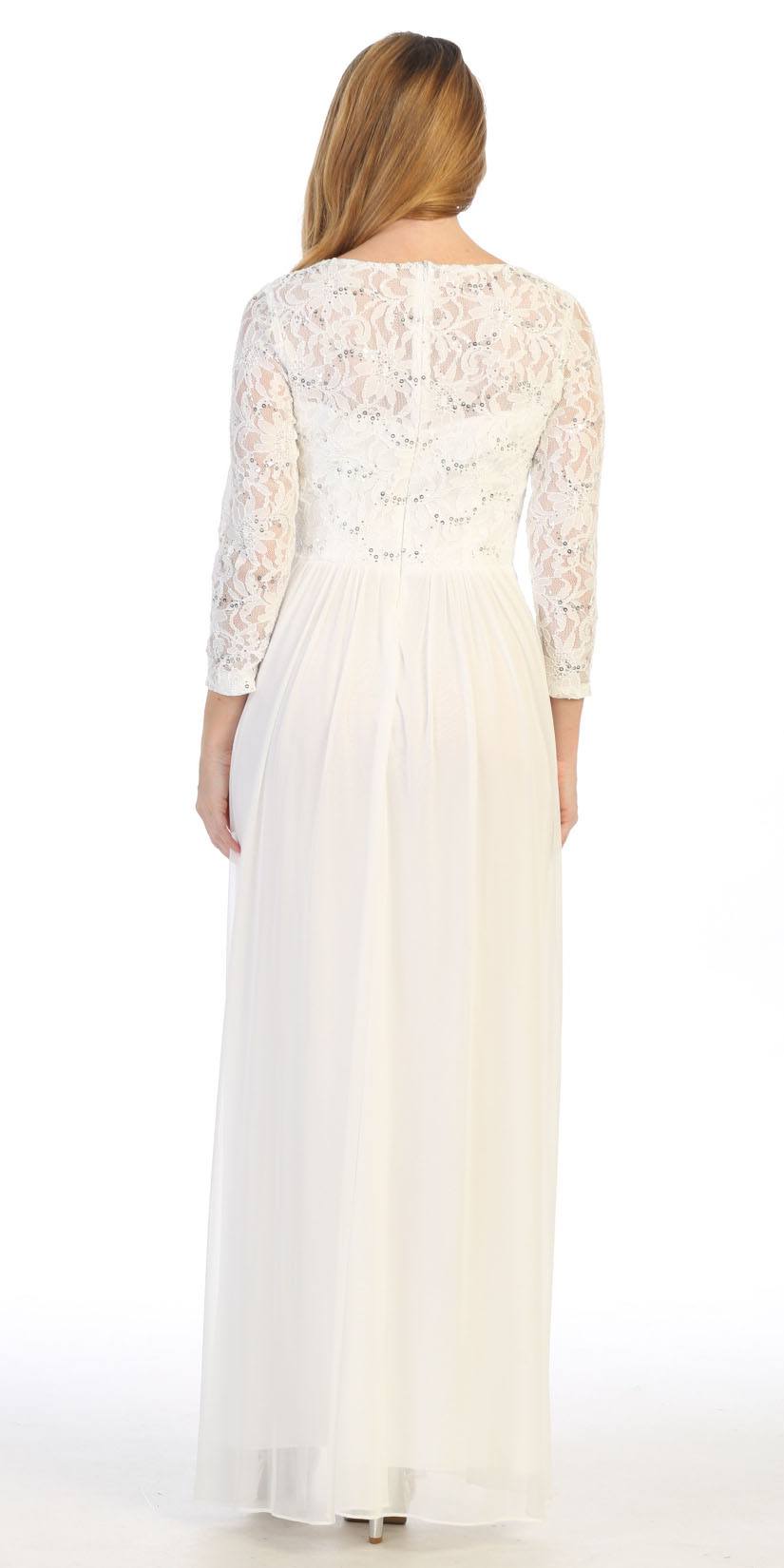 Ivory lace A-line dress with three-quarter lace sleeves and pleated skirt
