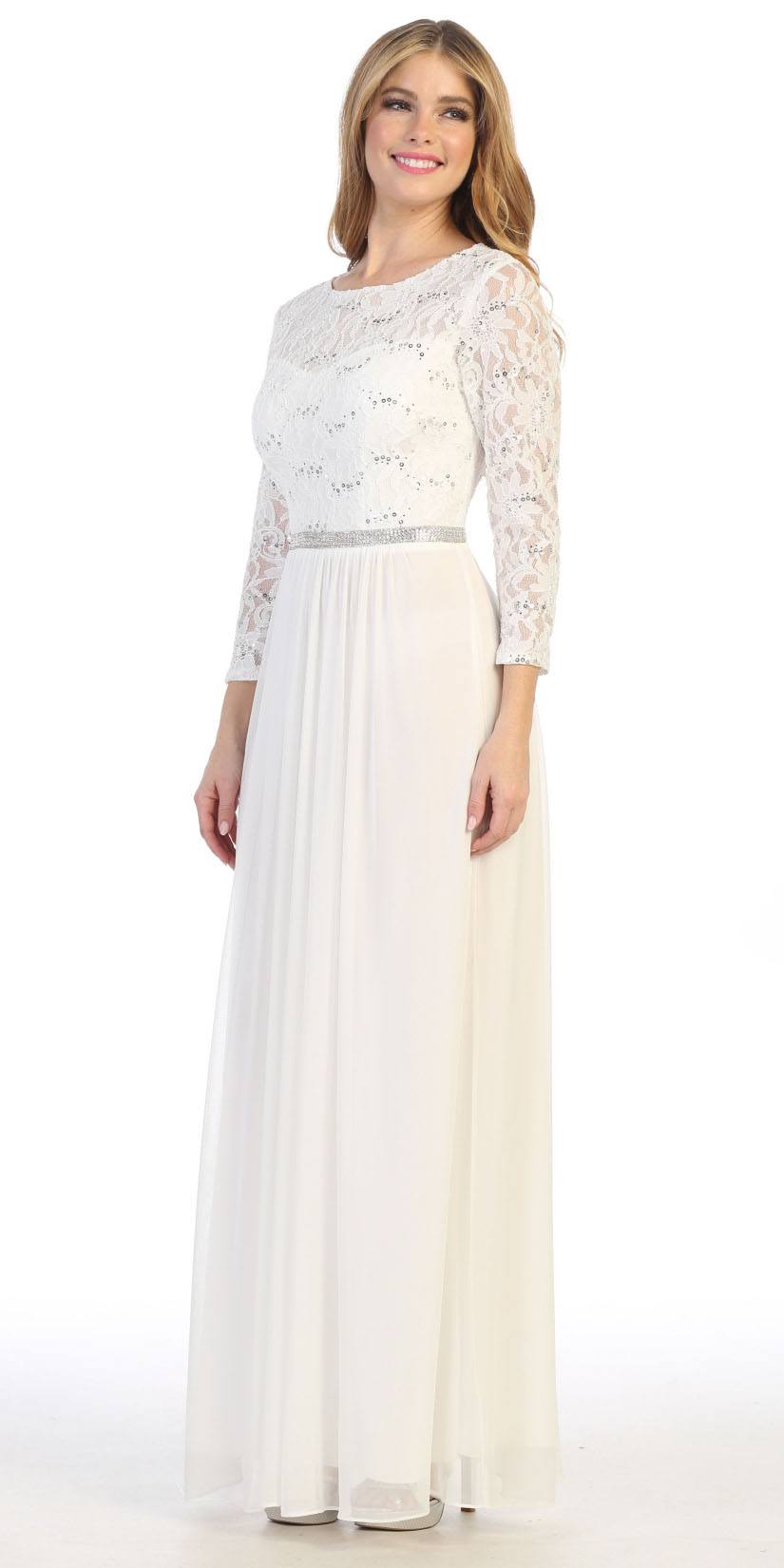 Lace sleeve A-line dress with embroidered lace bodice, three-quarter sleeves, champagne