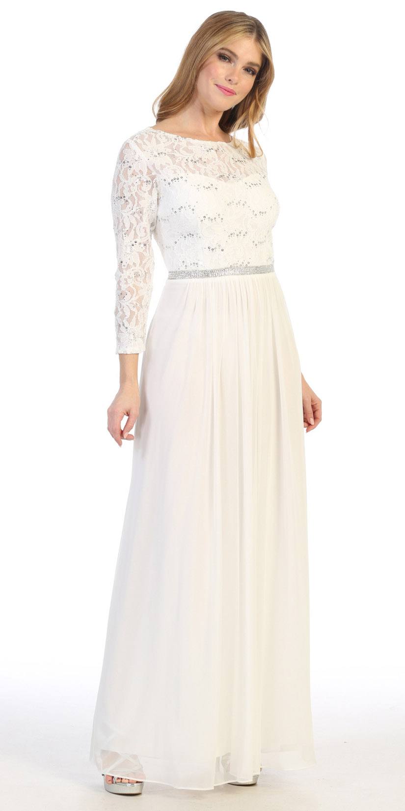 Lace sleeve A-line dress with embroidered lace bodice and three-quarter sleeves, cream-champagne